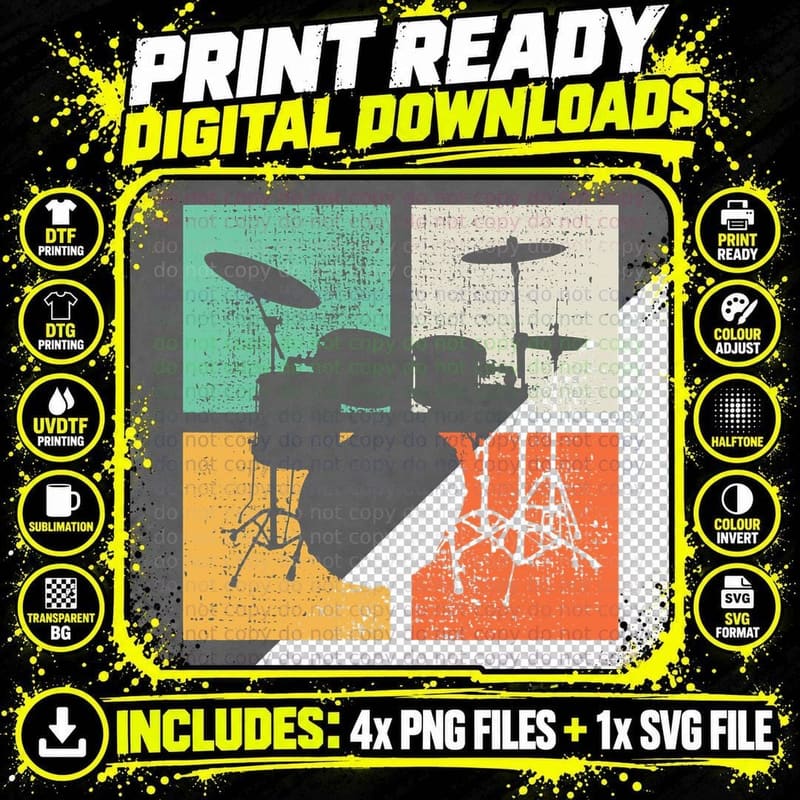 Drums Drummer Vintage Retro Drum Set T-Shirt Png SVG Digital Bundle