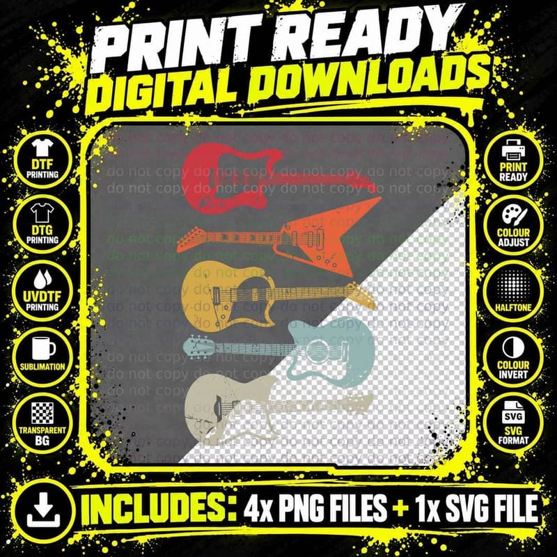 Electric Guitar Retro Acoustic Guitarist Vintage T-Shirt Png SVG Digital Bundle