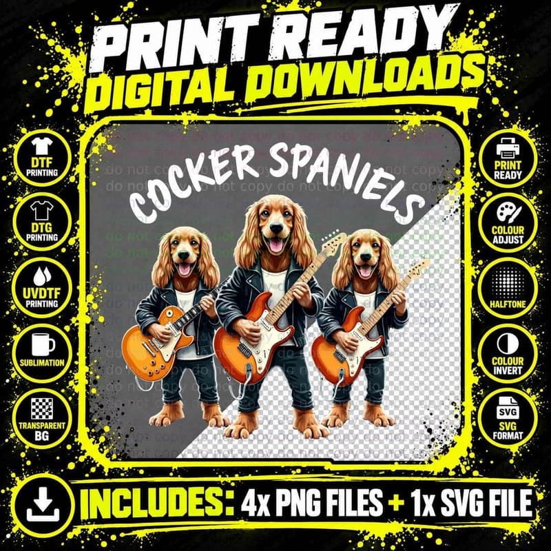 English Cocker Spaniels Rock Dog Trio Rocking Playing Png SVG Digital Bundle