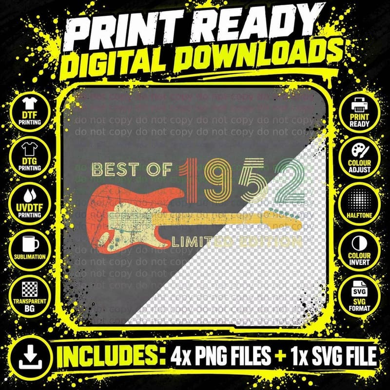 Father's Day 1952 Guitar T-Shirt, Vintage Music Theme Png SVG Digital Bundle