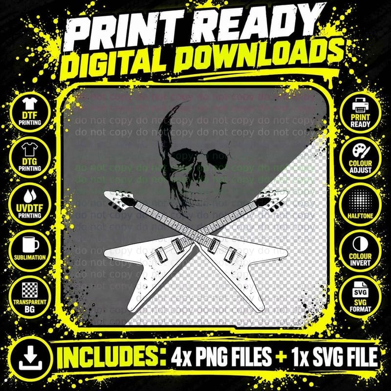 Flying V Guitar Hard Rock Heavy Metal Music Skull Rock Png SVG Digital Bundle