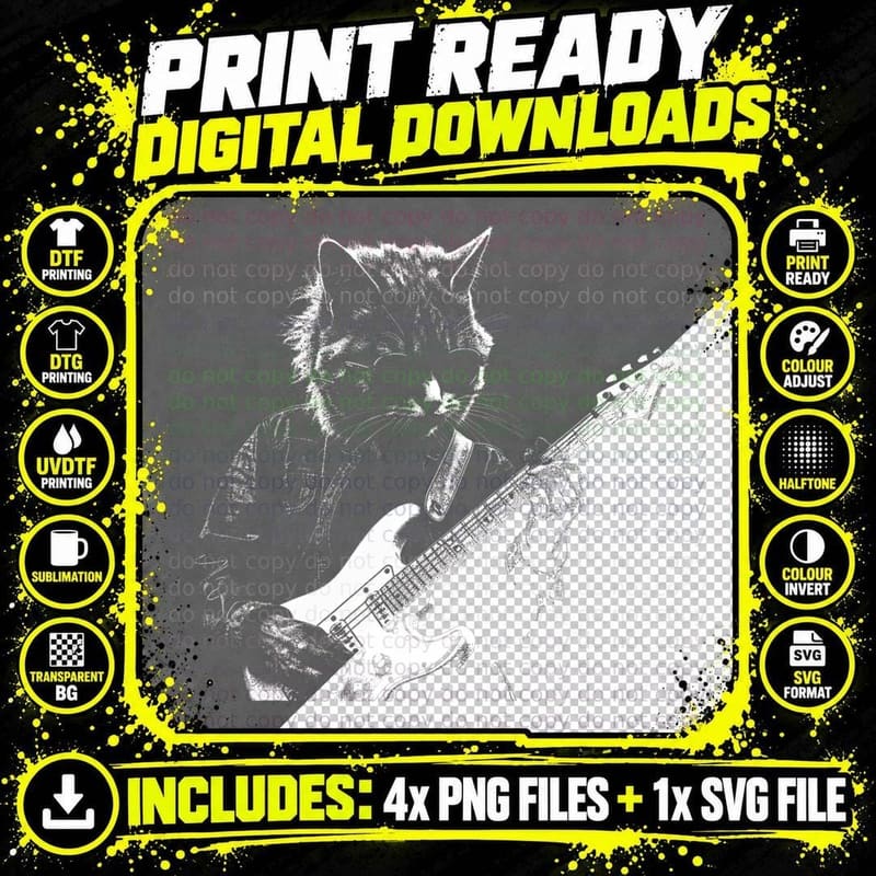 Funny Cat Playing Electric Guitar Cool Stencil Art Punk Png SVG Digital Bundle