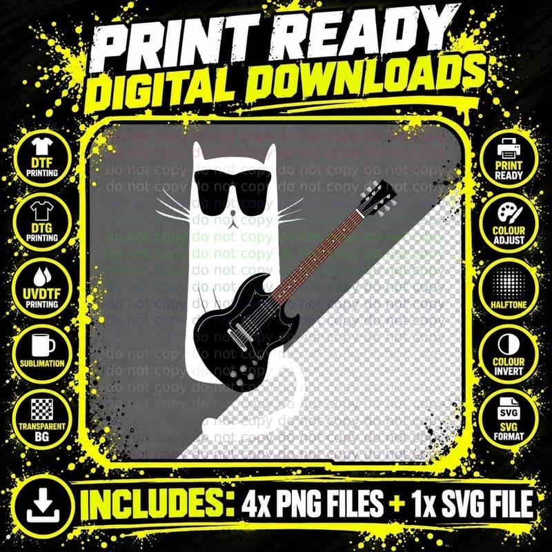 Funny Cat Wearing Sunglasses Playing Electric Guitar Png SVG Digital Bundle