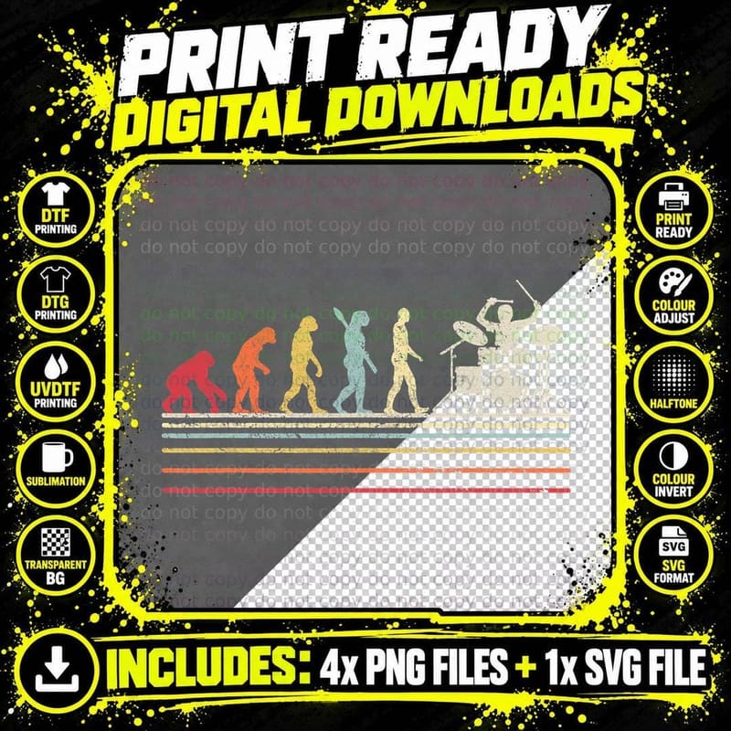 Funny Drummer T Shirt. Retro Vintage Evolution of Man Png SVG Digital Bundle