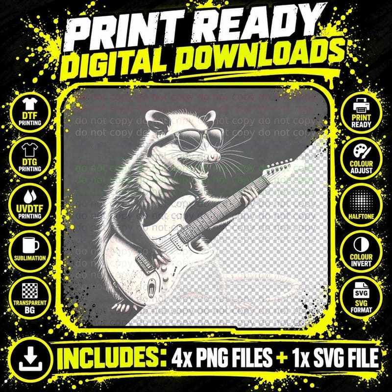 Funny Opossum Playing Guitar Possum Guitarist Rock and Png SVG Digital Bundle