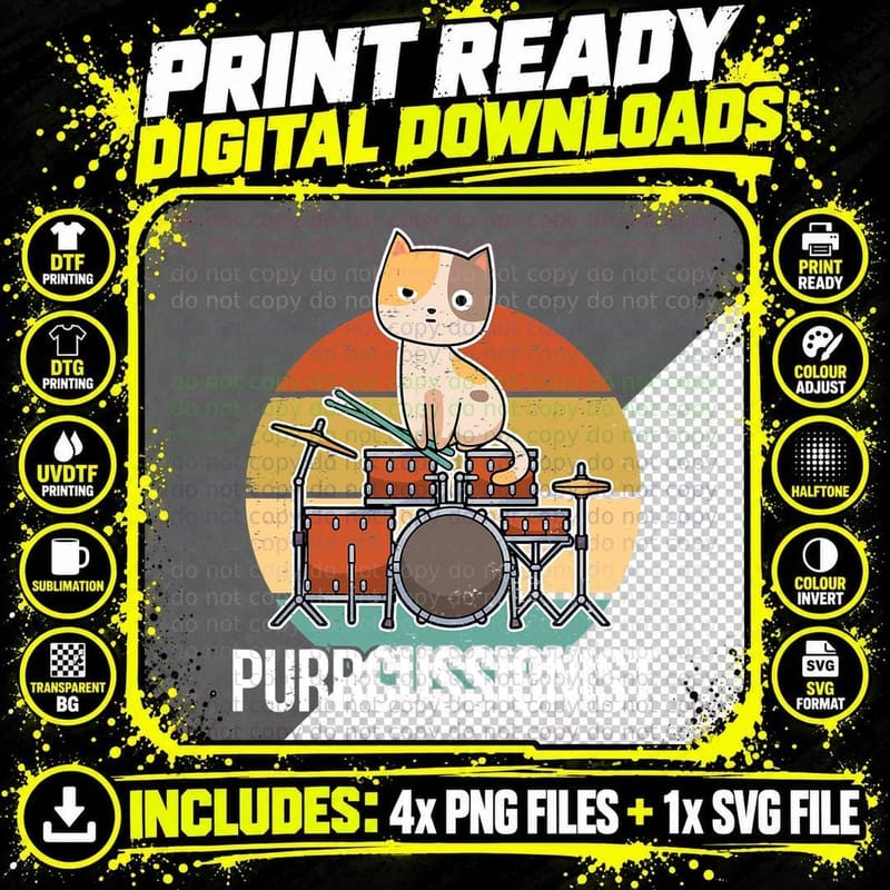 Funny Percussion Drummer Drumming Drums Saying I Kitten Png SVG Digital Bundle