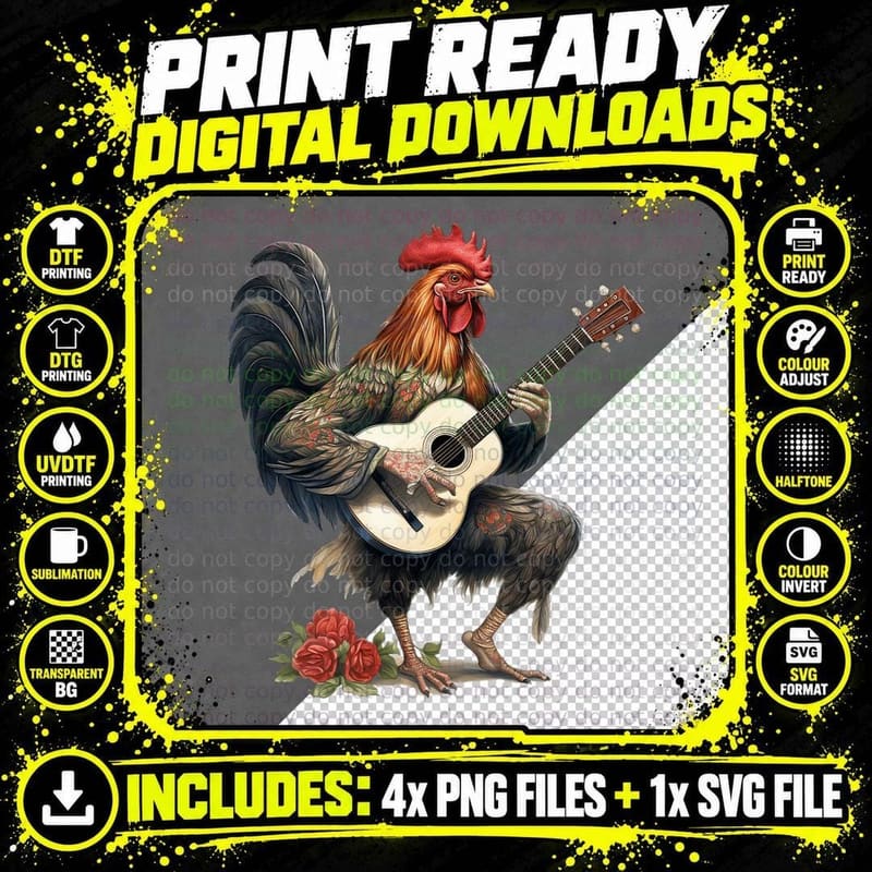 Funny Rock Chicken Playing Guitar Classic-Chicken Png SVG Digital Bundle