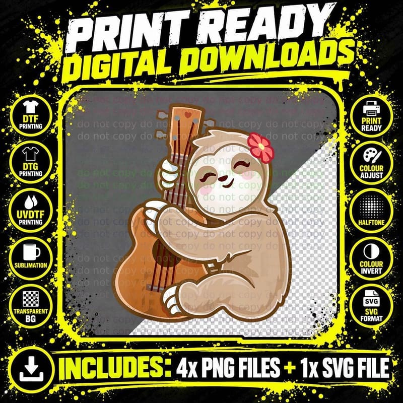 Girls Ukulele Uke Guitar Player Sloth Png SVG Digital Bundle