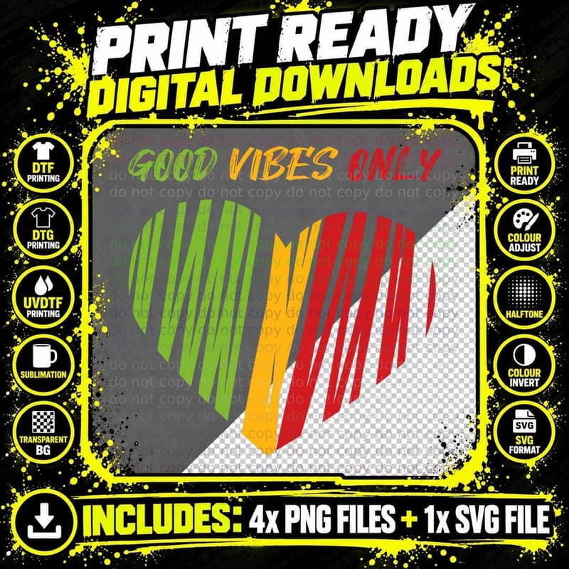 Good Vibes Only Jamaica Heart Reggae Souvenir Rasta Png SVG Digital Bundle