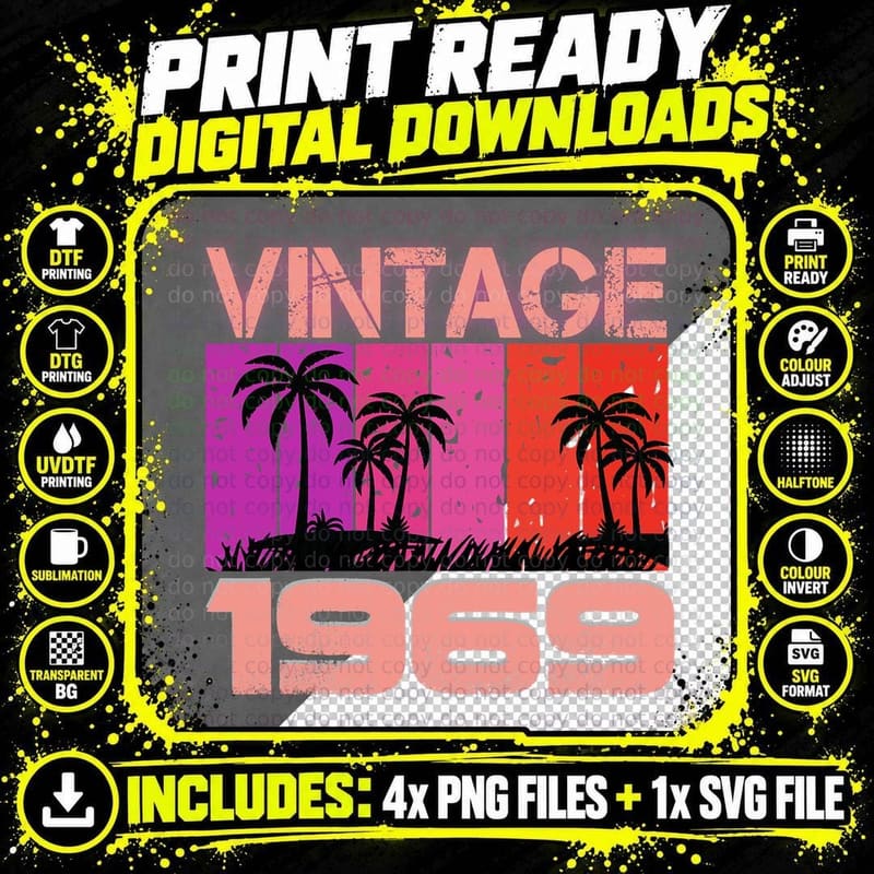 Grunge Vaporwave Retro Palm Trees Birthday Vintage 1969 Png SVG Digital Bundle