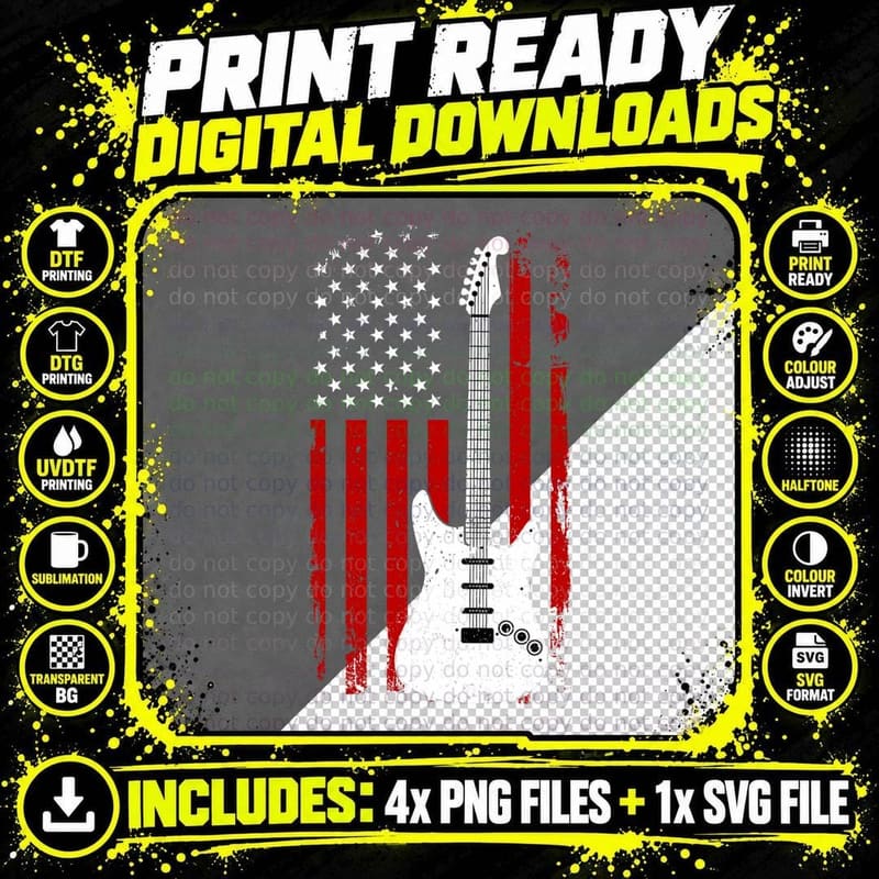 Guitar American US Flag Music Player Electric Guitarist Png SVG Digital Bundle