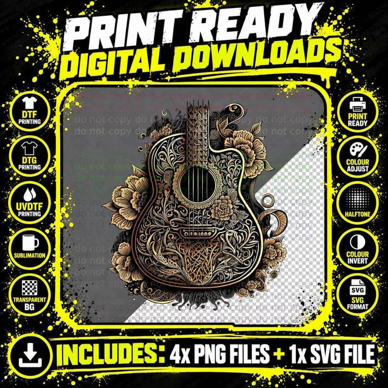 Guitar Graphic Music Lover - Acoustic Guitar Musician Png SVG Digital Bundle