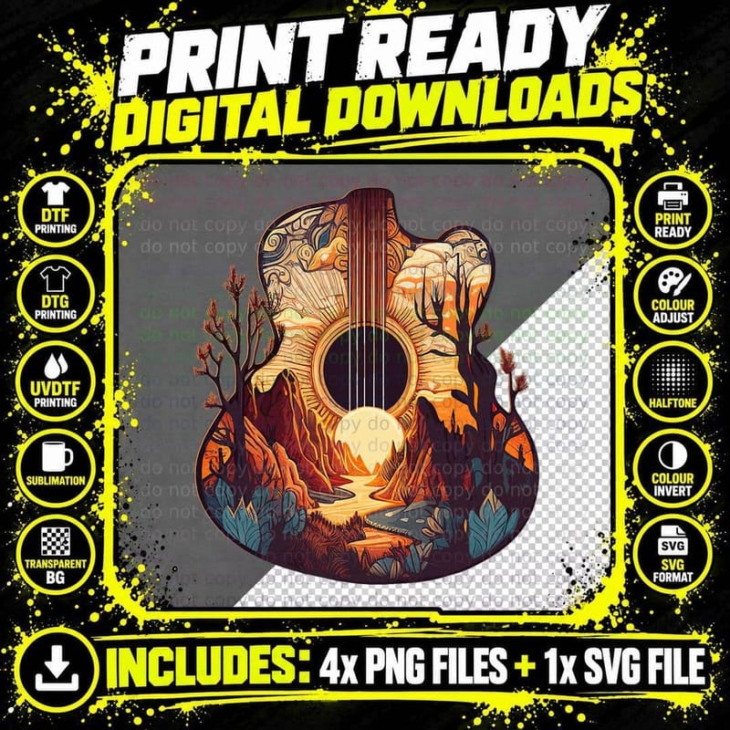Guitar Landscape Music Lover- Acoustic Guitar Player Png SVG Digital Bundle