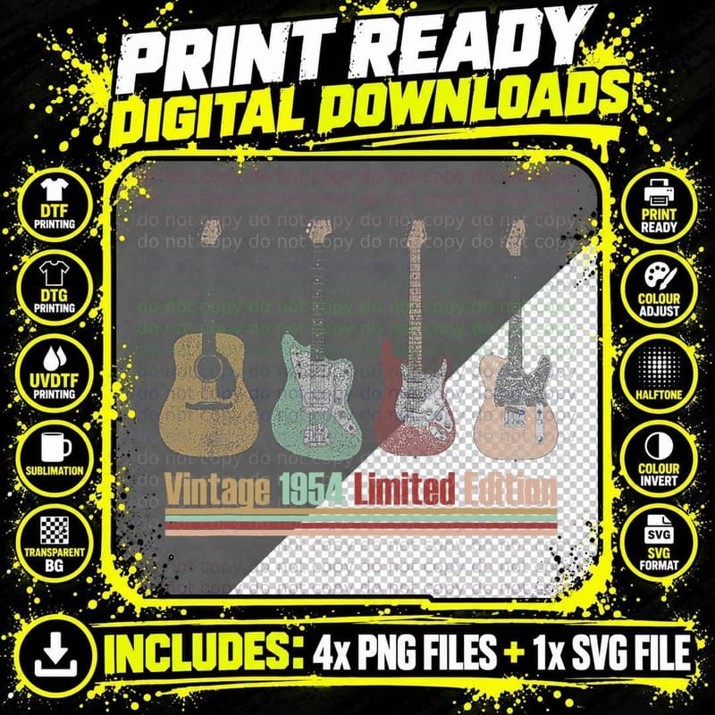Guitar Lover 70 Year Old - Vintage 1954 Limited Edition Png SVG Digital Bundle