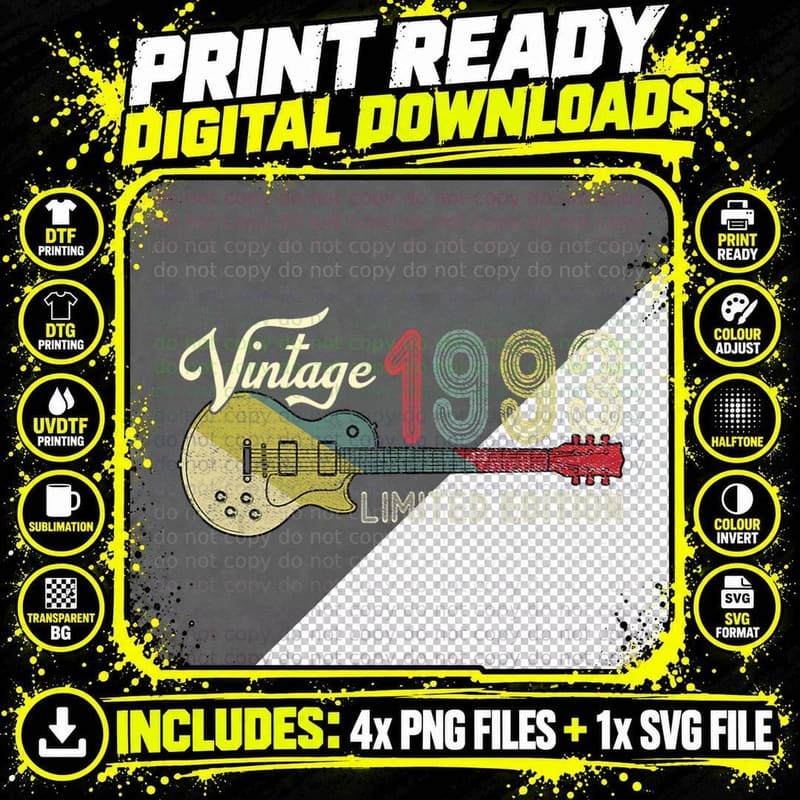Guitar Lover Vintage 1993 Limited Edition T-Shirt Png SVG Digital Bundle