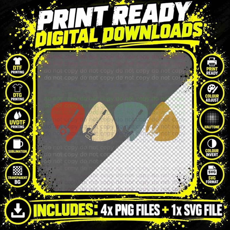 Guitar Pick Gift for Guitarist Retro Vintage Short Png SVG Digital Bundle