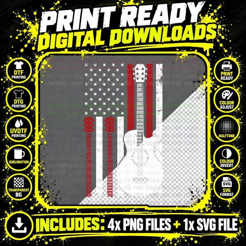 Guitar Player American US Flag Guitarist Musician Band Png SVG Digital Bundle
