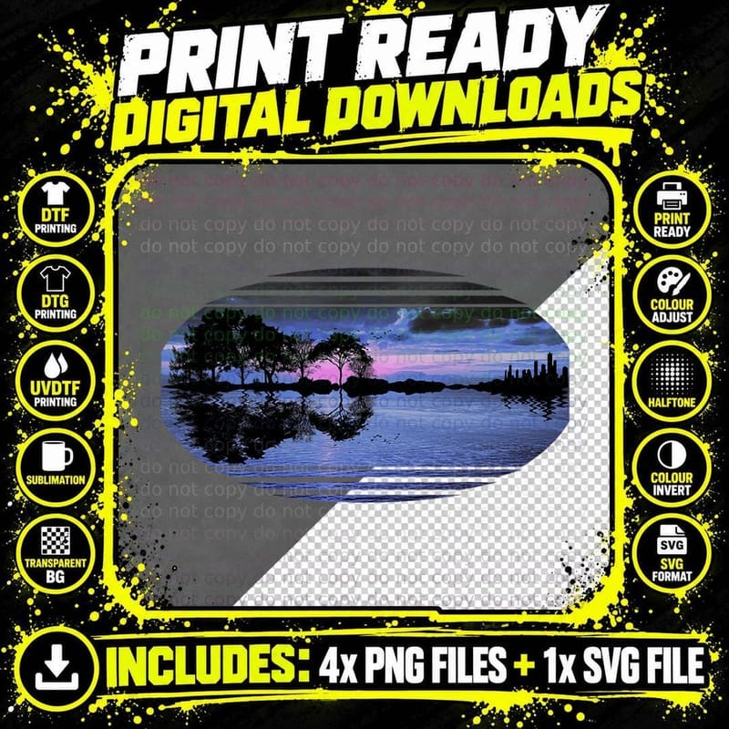 Guitar Sunset Sky Trees City Lake Reflection Stylish Png SVG Digital Bundle