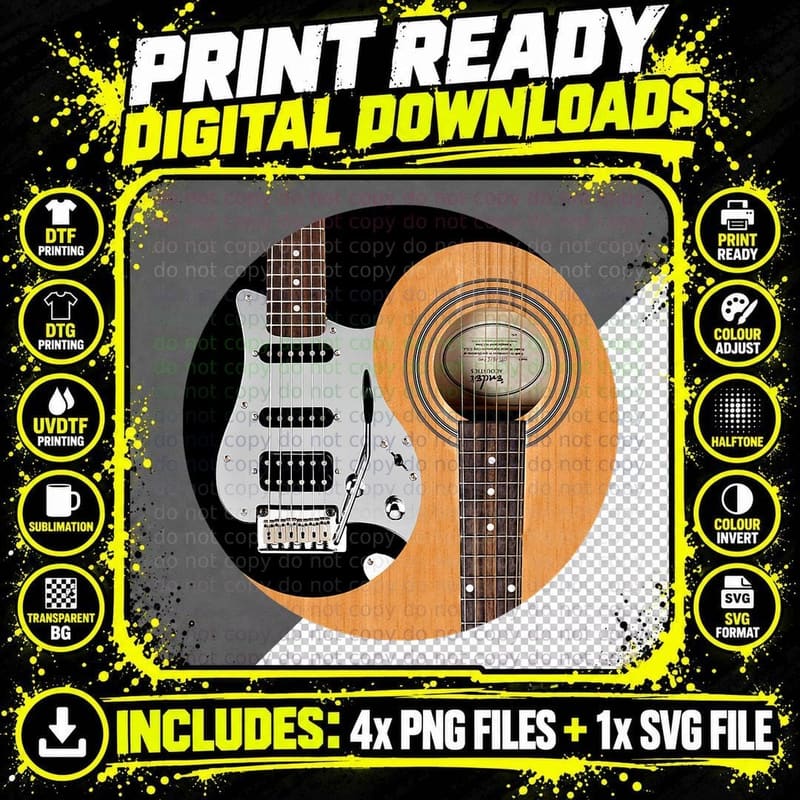 Guitar Yin Yang Acoustic and Electric Guitars T-Shirt Png SVG Digital Bundle