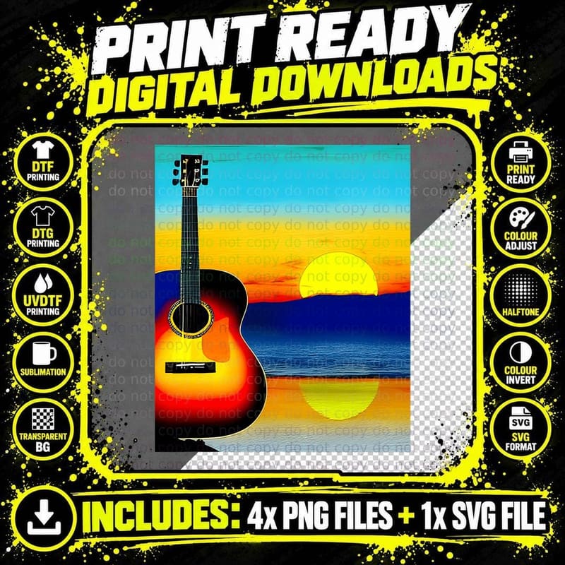 Guitar with Sunset Artistic Design for Guitarists & Png SVG Digital Bundle