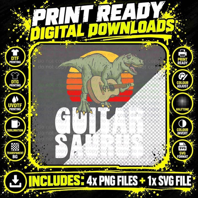 Guitarsaurus! Funny T-Rex Guitar Dinosaur Acoustic Dino Png SVG Digital Bundle