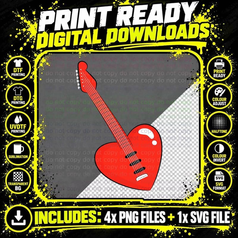 Heart Guitar Valentines Day Music Lover Guitarist Png SVG Digital Bundle