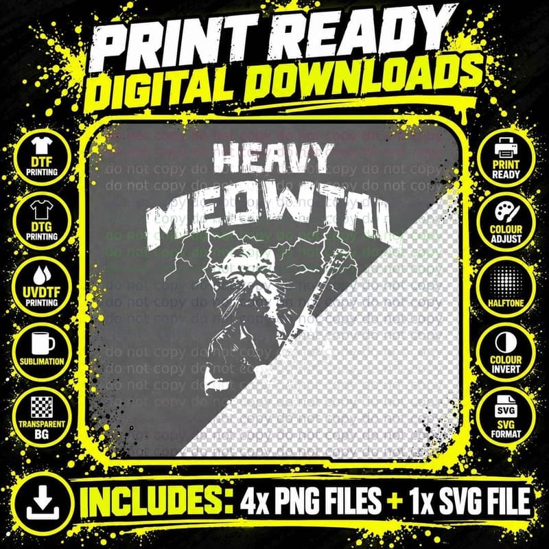 Heavy Meowtal - Cat Lover Gifts - Heavy Metal Music Gift Png SVG Digital Bundle