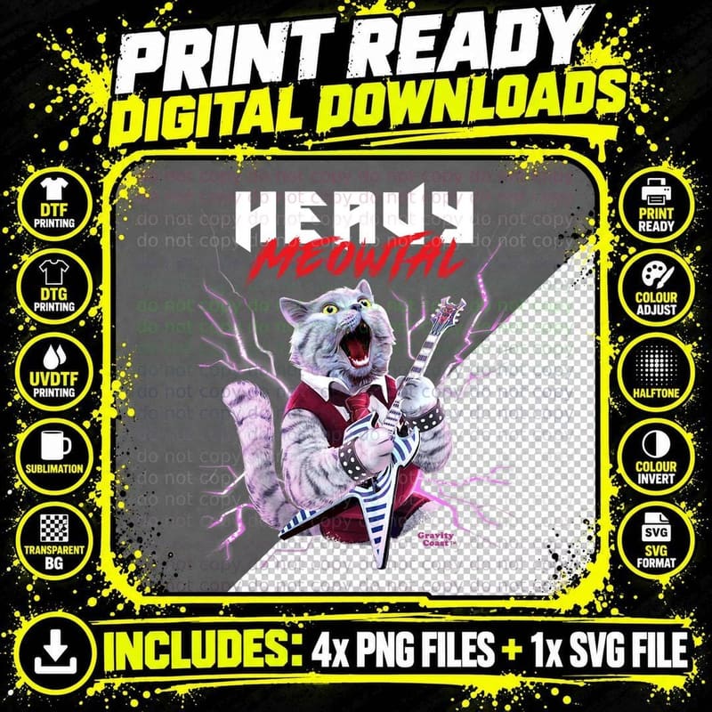 Heavy Metal Cat Playing Guitar T-Shirt Png SVG Digital Bundle