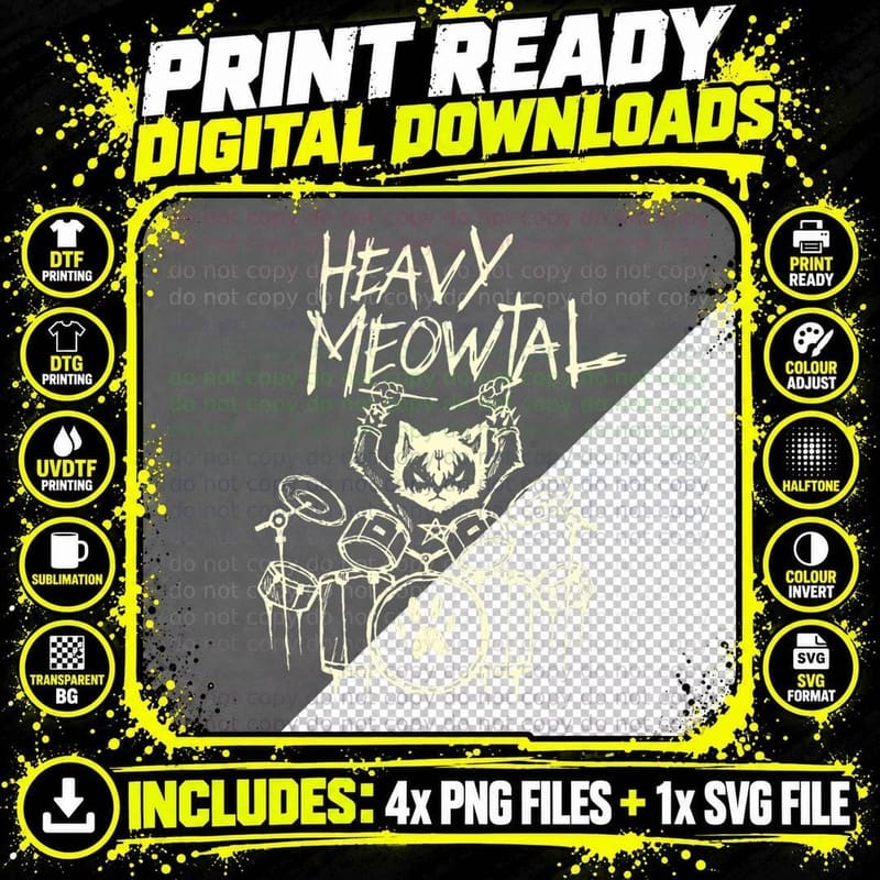Heavy Metal Headbanger Gift Drummer Cat Playing Drum Png SVG Digital Bundle