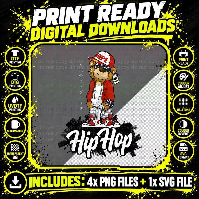 Hip Hop Dope Hustle Teddy Bear Rap Lover Clothing Men Png SVG Digital Bundle