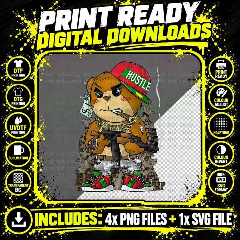 Hip-Hop Clothing Men Hipster Teddy Bear Rap Street Wear Png SVG Digital Bundle