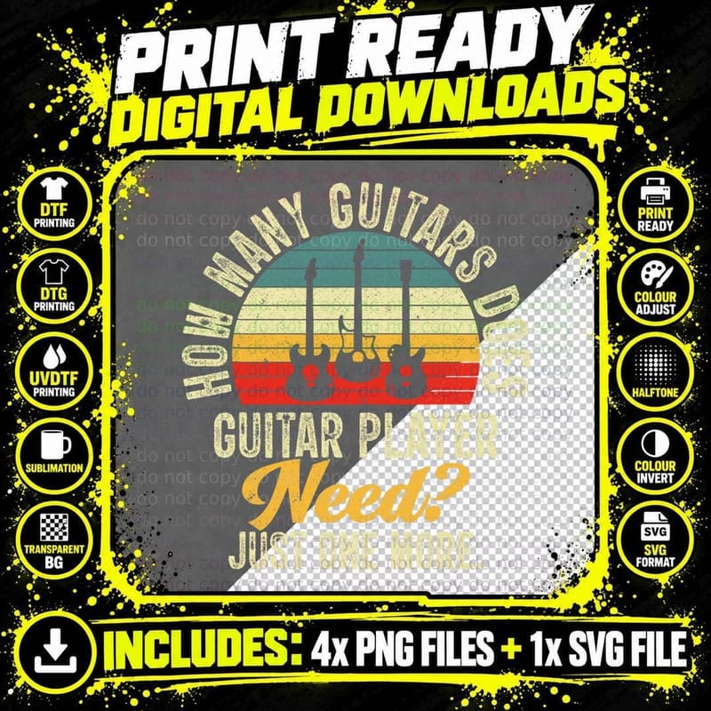 How Many Guitars Vintage Guitar Gifts Men Women Music Png SVG Digital Bundle