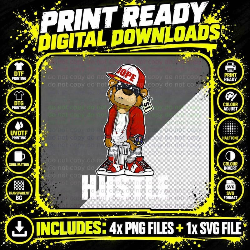 Hustle Hard Teddy Stay Humble Hip Hop Lover Clothing Men Png SVG Digital Bundle