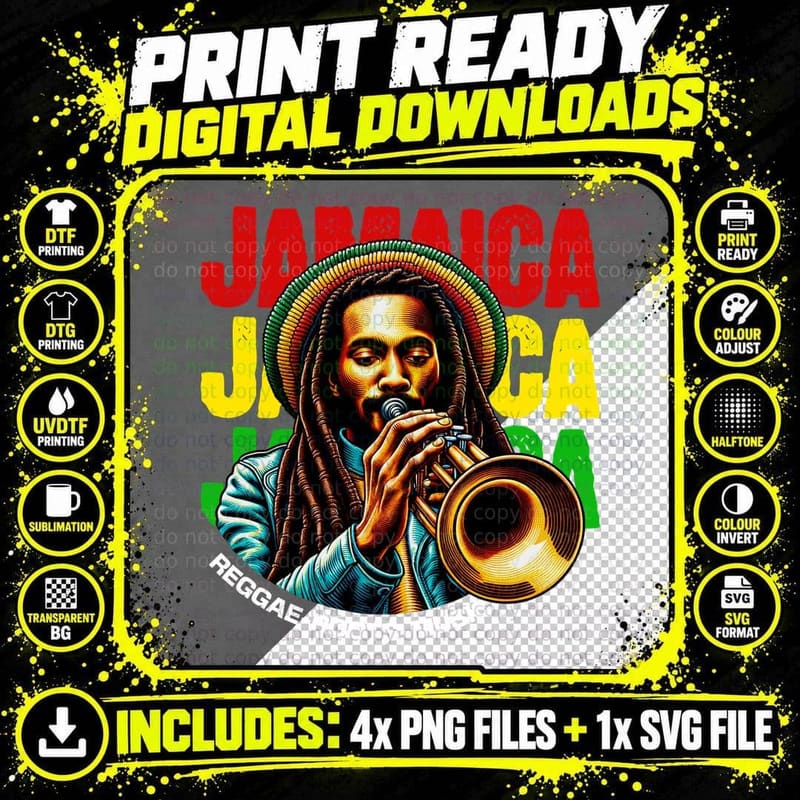 Jamaica Reggae Trumpet Player T-Shirt Png SVG Digital Bundle