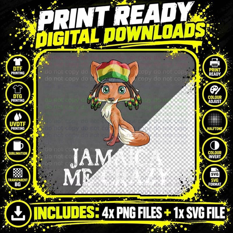 Jamaican Me Crazy Flag Fox T Shirt Hair Funny Reggae Gift Png SVG Digital Bundle