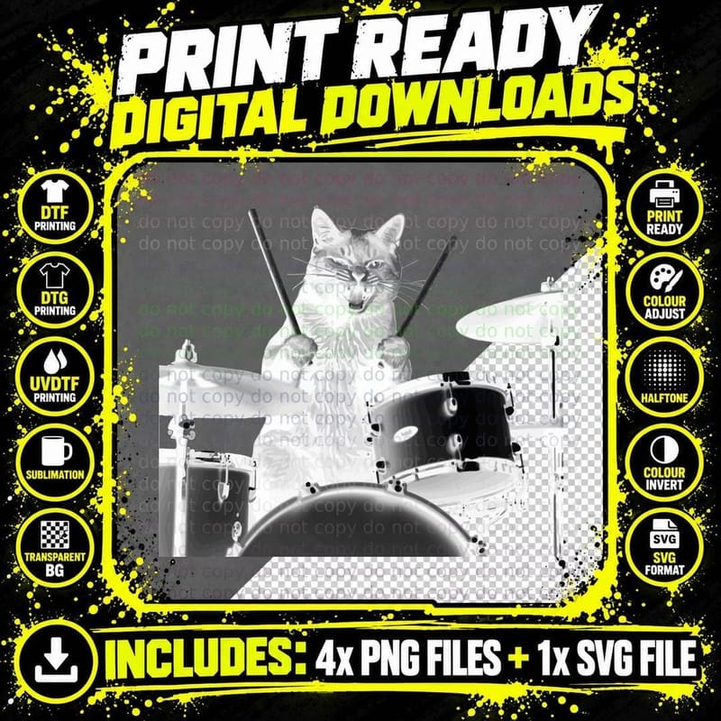 Kitten Drums, Rock Band, Funny Drummer Cat Playing Drums Png SVG Digital Bundle