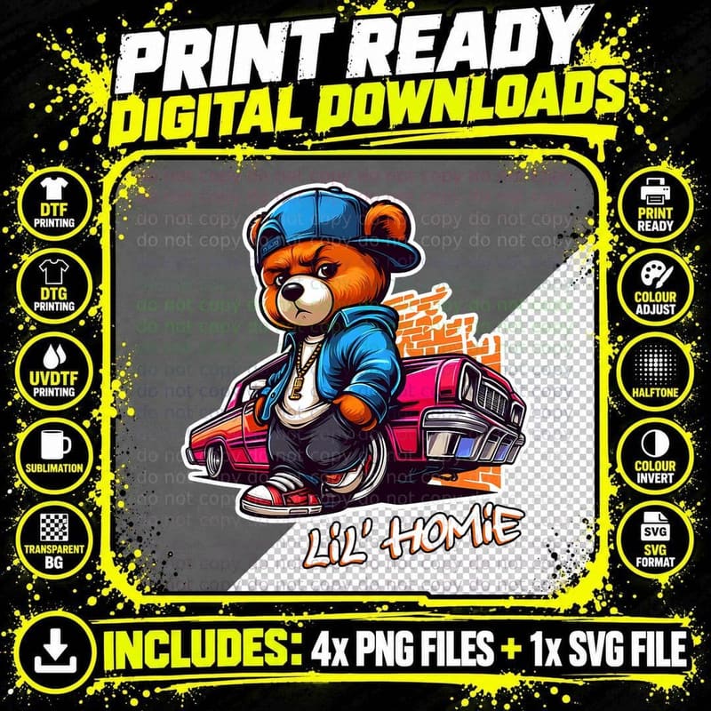 LIL HOMIE Shirt Cute Teddy Bear Hip Hop Lowrider Chicano Png SVG Digital Bundle