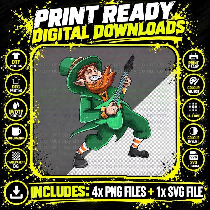 Leprechaun Playing Guitar St. Patrick's Day Guitarist Png SVG Digital Bundle