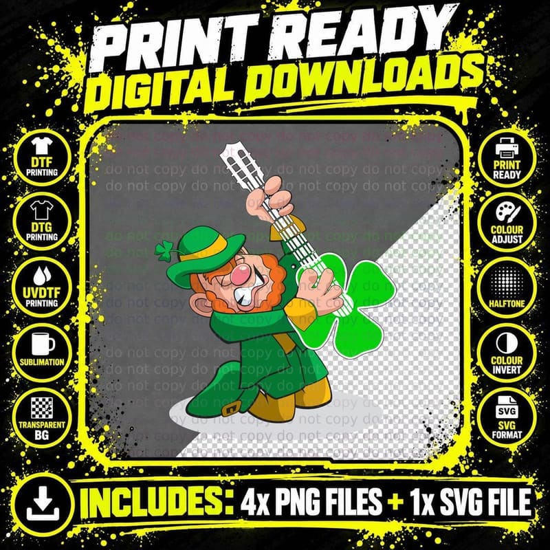 Leprechaun Playing Guitar T-Shirt, St Patricks Day Style Png SVG Digital Bundle