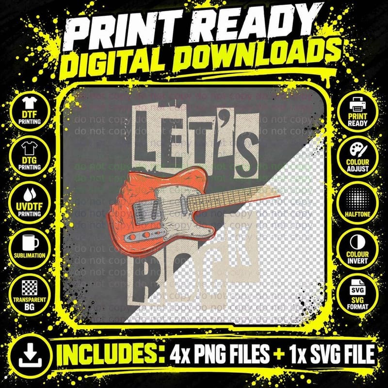 Let's Rock Electric Guitar Music Lover Band Guitarist Png SVG Digital Bundle