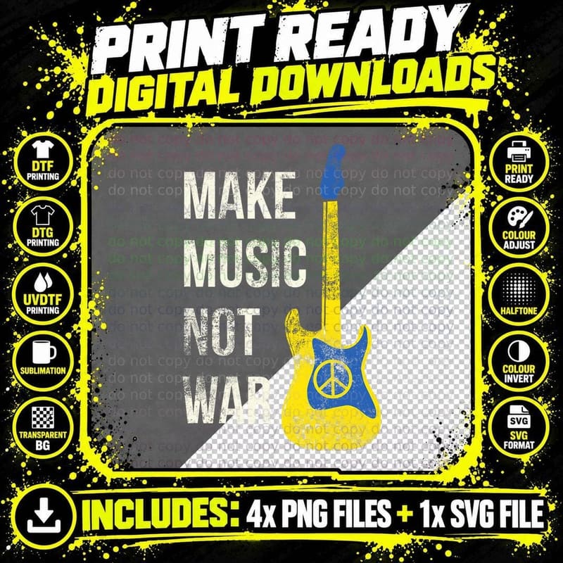 Make Music Not War Vintage Guitar Lovers & Peace Makers Png SVG Digital Bundle