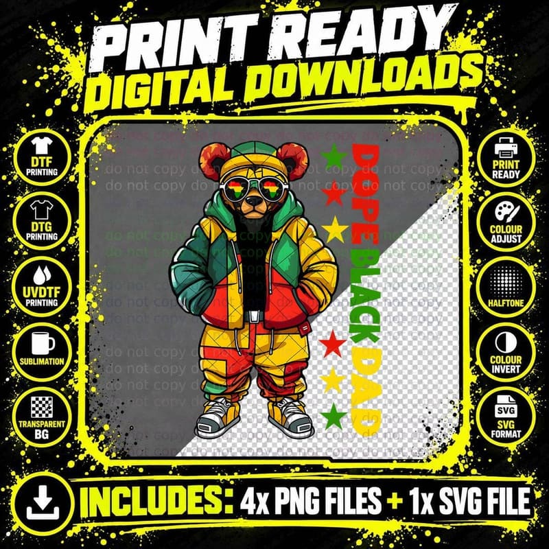 Mens Black Father Hip Hop Teddy Bear Black Dad Father's Png SVG Digital Bundle