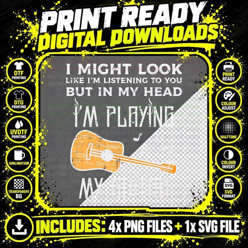 Might Look Listening Playing Guitar Rock Rocker Men Boys Png SVG Digital Bundle