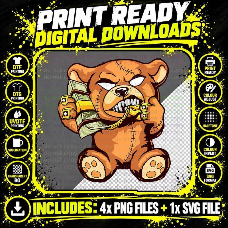 Money Calling Hip Hop Teddy Bear Gangster Rap Drip Swag Png SVG Digital Bundle