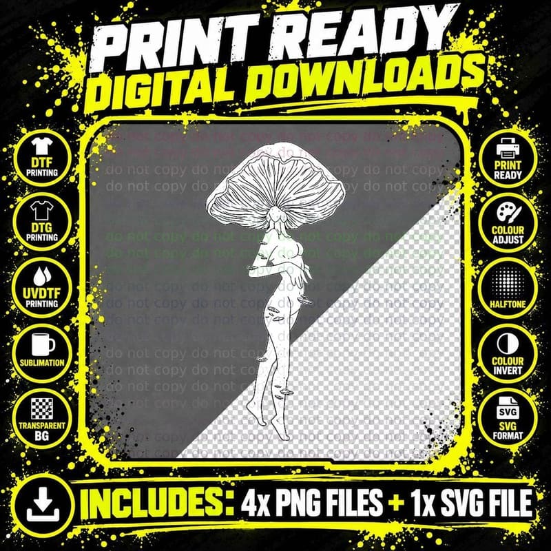 Mushroom Woman Grunge Fairycore Goth Cottagecore Png SVG Digital Bundle