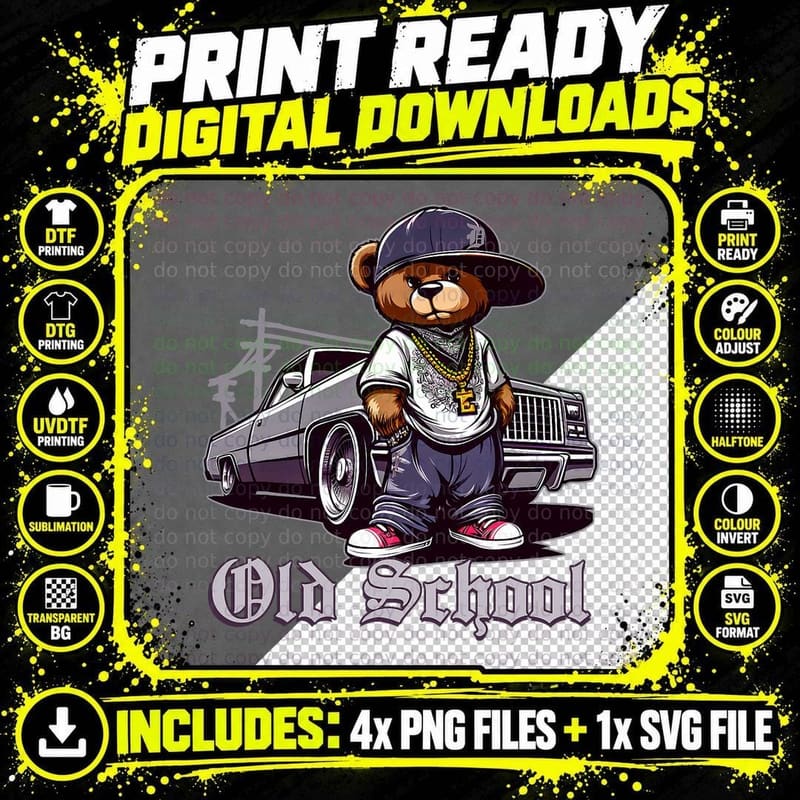 OLD School Hip Hop Teddy Bear Lowrider Chicano Culture Png SVG Digital Bundle