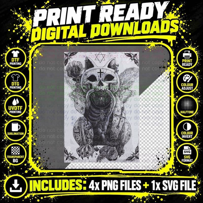 Occult Bat Cat Y2k Alt Gothic Grunge Art T-Shirt Png SVG Digital Bundle