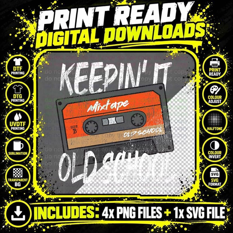 Old School Hip Hop 80s 90s Vintage Mixtape Cassette Tape Png SVG Digital Bundle