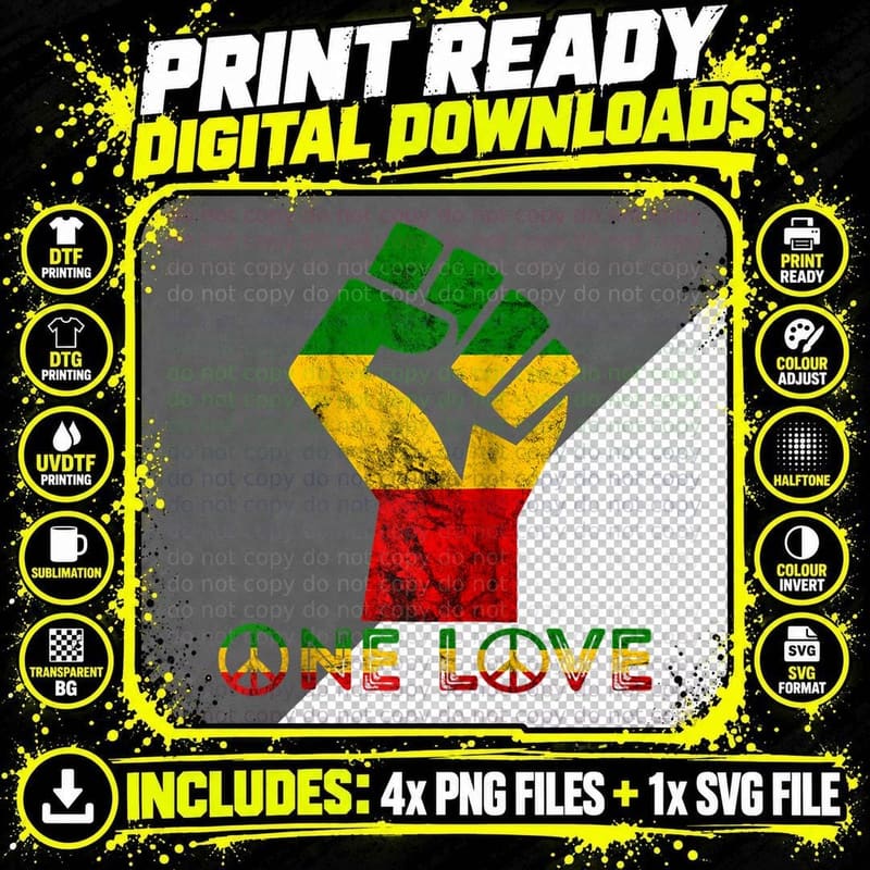 One Love Reggae Fist Rasta Reggae Music Jamaica Png SVG Digital Bundle