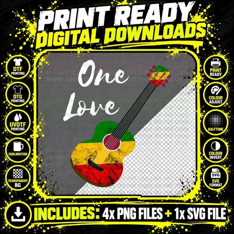 One Love Reggae Guitar Rastafari Roots Rasta Reggae Png SVG Digital Bundle